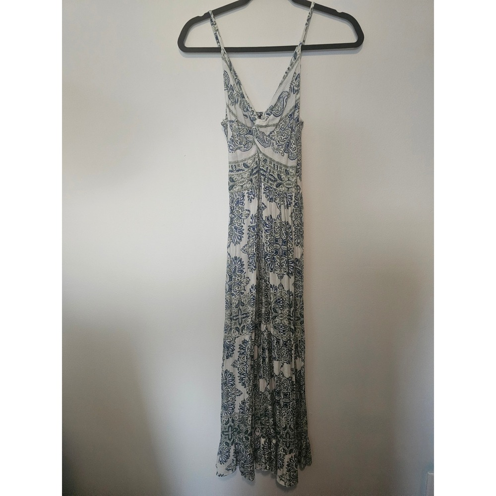 Boho Angie Maxi Dress Womens Small Blue Green Paisley Knot Front Smocked Back